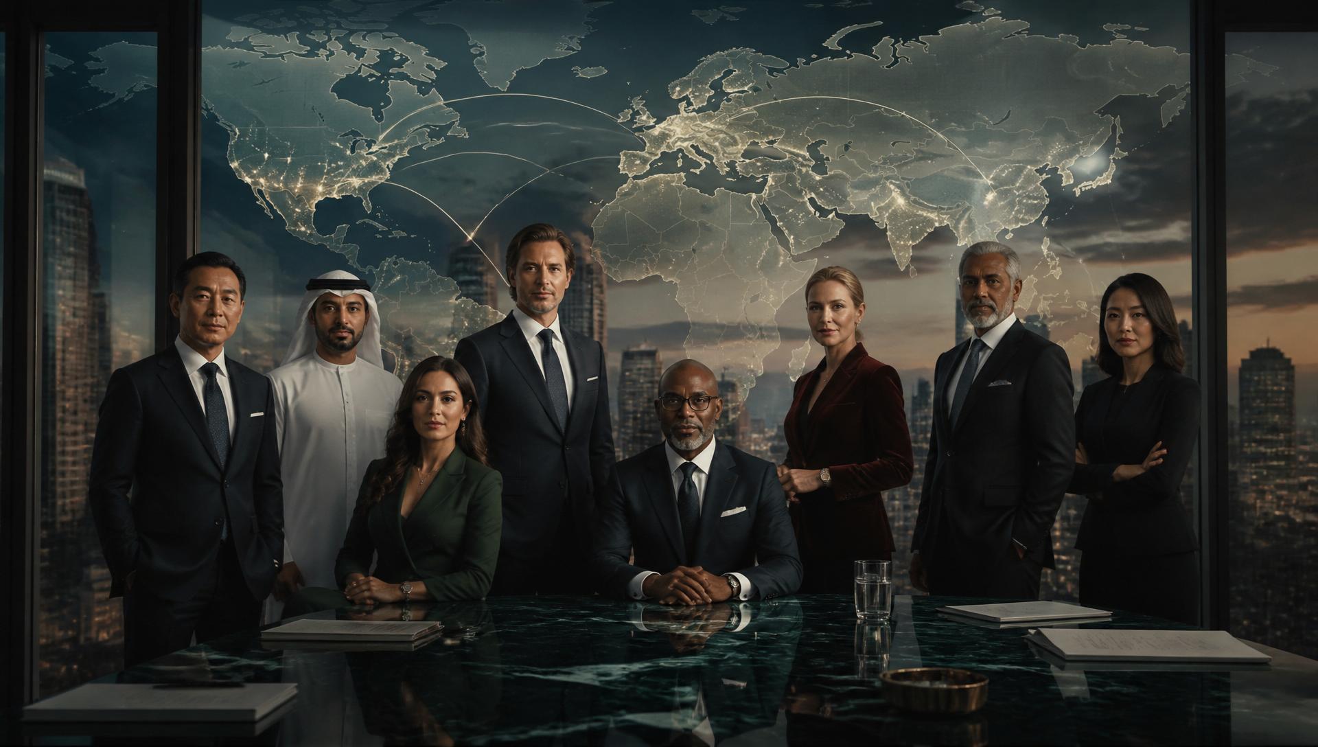Global founders standing before a world map with connected borders